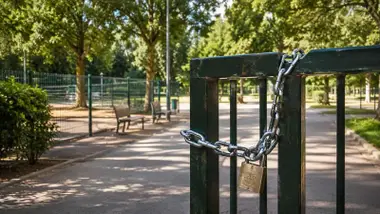 Cancela de un parque con un candado.