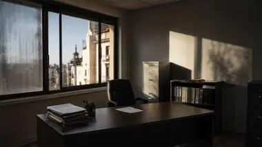 Vista desde la oficina con una torre y la ventana abierta, hay un despacho con silla y mesa con objetos.