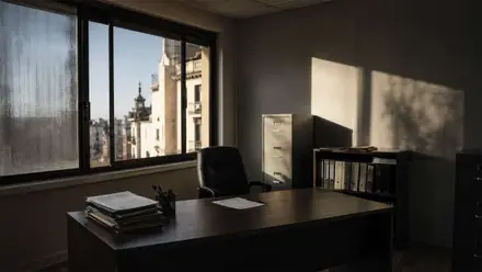 Vista desde la oficina con una torre y la ventana abierta, hay un despacho con silla y mesa con objetos.