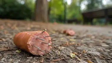 Parque en el que hay unos trozos de salchichas con alfileres.