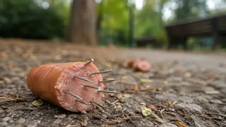 Parque en el que hay unos trozos de salchichas con alfileres.