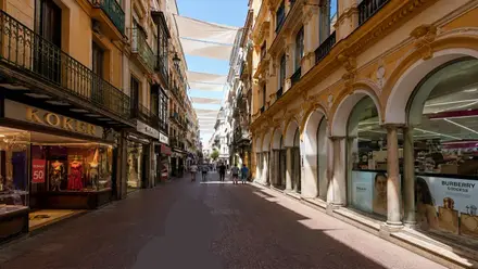 Vista de la calle Sierpes de Sevilla con los comercios a ambos lados.