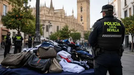 Policía local junto a una pila de productos falsificados.