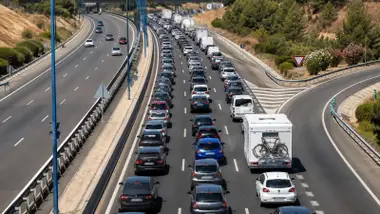 Caravana de coches en una autopista.