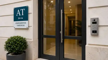 Puerta de cristal de un edificio con la placa de AT, apartamentos turísticos.