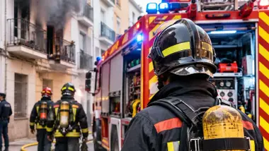 Bomberos y camión en la entrada de una vivienda con humo.