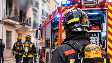Bomberos y camión en la entrada de una vivienda con humo.