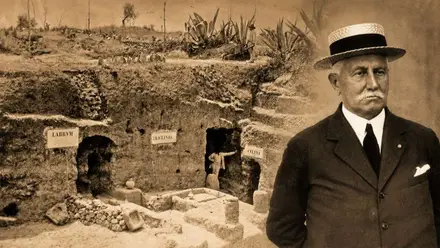 George Bonsor, Jorge Bonsor, junto a un yacimiento. Fotografía en sepia de época.