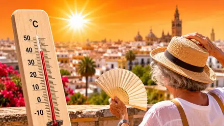 Mujer se abanica y un fuerte calor en Sevilla.