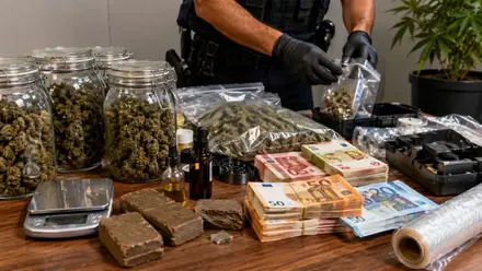 Policía con cogollos de dinero y cannabis incautados.