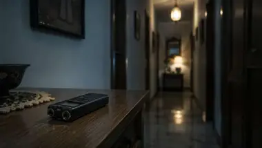 Pasillo y grabadora en una mesa.