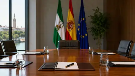 Despacho con las banderas de la UE, España y Andalucía, desde una ventana se ve la Giralda.