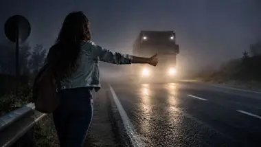 "Chica de la curva" y un camión en una carretera nocturna.