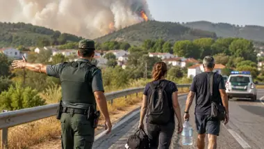 Guardia Civil escolta a una pareja, al fondo un gran incendio forestal.