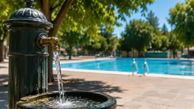Una fuente de bronces y una piscina al fondo.