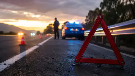 Triángulo de aviso y vehículo de la Guardia Civil en carretera.