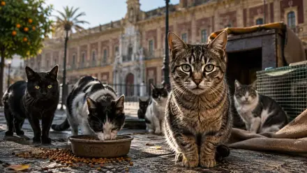 Gatos de diferentes colores comiendo de sus comederos.
