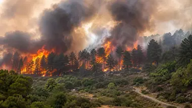 Bosque ardiendo, sobresalen las llamas.