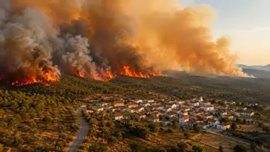 Avance de las llamas de un incendio forestal a un núcleo de casas.