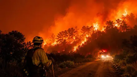 Bomberos ante pavorosas llamas de un incendio forestal.