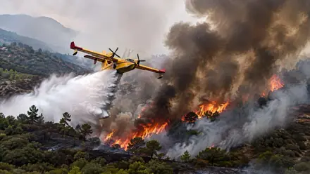 Hidroavión soltando agua sobre un incendio forestal.