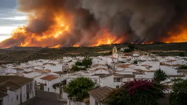 Bosque ardiendo con altas llamas junto a un pueblo.