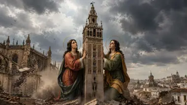 Representación de las santas de Sevilla sosteniendo a la Giralda, una a cada lado.