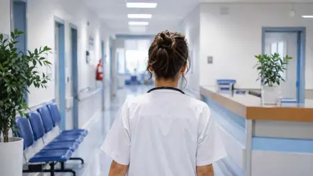 Médica andando por el pasillo de un consultorio.