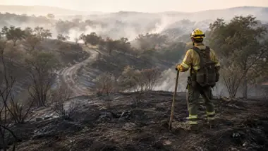 Bombero contempla el monte quemado.