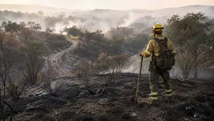 Bombero contempla el monte quemado.