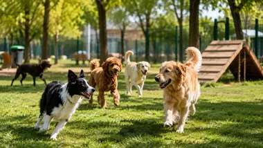 Perros corriendo y jugando en un parque canino.