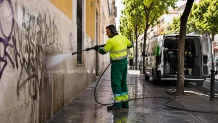 Operario limpia con una pistola de agua a presión una pintada de la pared.