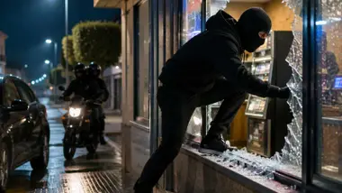 Ladrón entrando a robar por el escaparate roto de una tienda.
