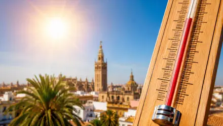 Termómetro subiendo y calor en Sevilla, de fondo la Giralda.