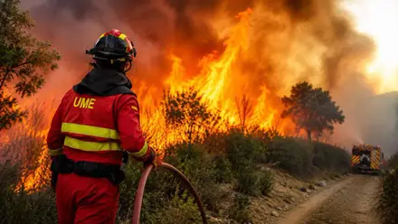 Bombero de la UME ante las llamas del incendio forestal en Niebla.