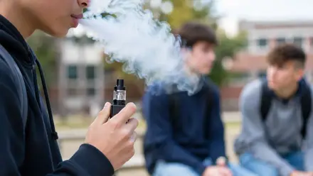 Jóvenes y uno fuma con un vaper, vapea.