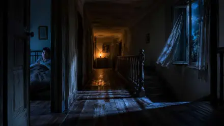Pasillo oscuro con una luz al fondo y una inquietante silueta.
