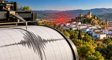 Terremoto con un sismógrafo y de fondo un pueblo de la Sierra.