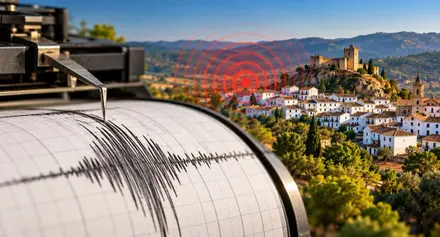 Terremoto con un sismógrafo y de fondo un pueblo de la Sierra.